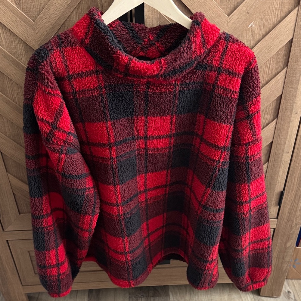 Maurices Red and Black Plaid Cowl Neck Sweater
